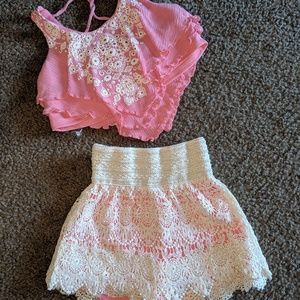 Girls Matching Outfit Peach Top + Lace Shorts